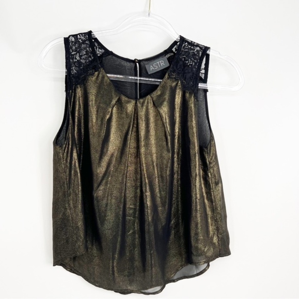 ASTR Black Gold Shimmer Lace Shoulder Tank Blouse, Size Small